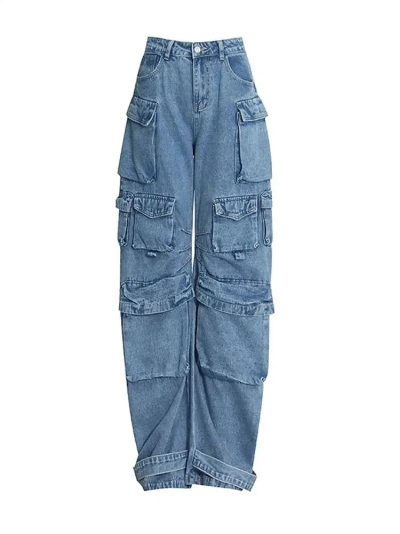 Y2K Multi-Pocket Solid Color Loose Jeans Womens High Street Retro Hip Hop Wide-leg Pants Casual Straight High-Waisted Jeans 240813