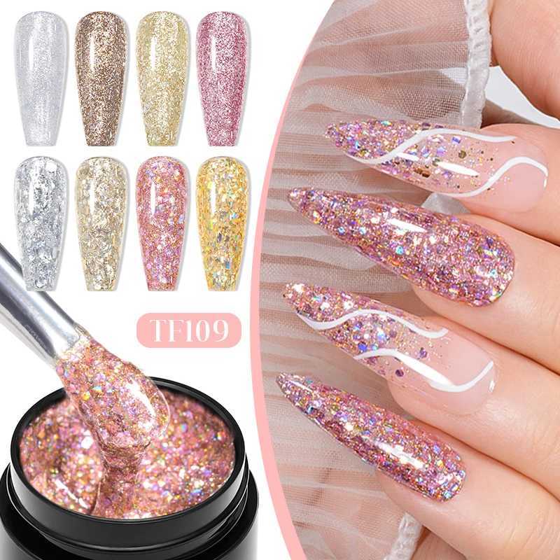 MEET ACROSS 8ml Pink Glitter Sequins Gel Nail Polish Shiny Sparkling Platinum Silver Semi Permanant Nail Art Gel Varnish NailsM240814