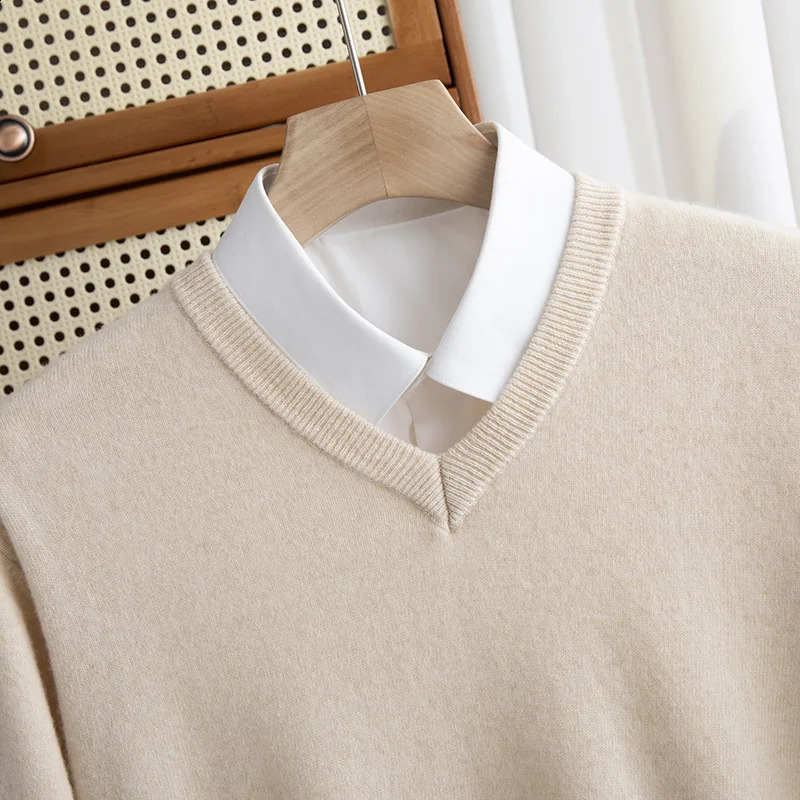100% Merino Wool Mens V-neck Jumper Autumn/Winter Warm First-line Ready-to-wear Sweater Business Casual Mens Basic Knit Top 240821