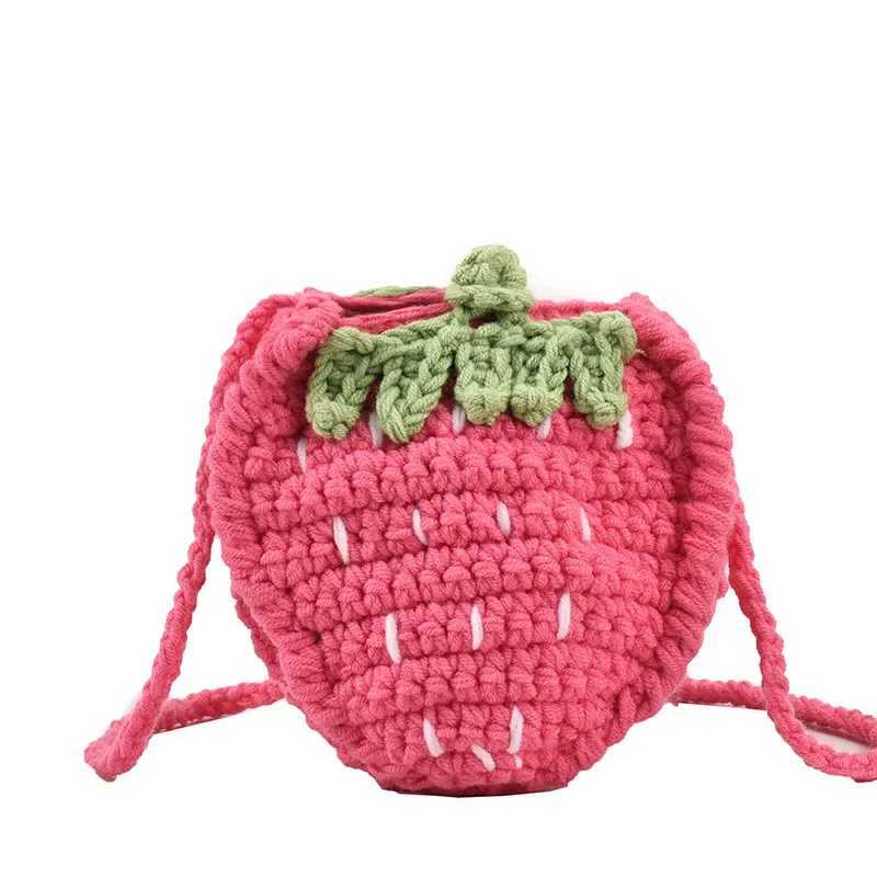 Knitted childrens bag wool coin wallet and handbag cute strawberry ten font fashion fully matched princess mini side pocket W240813