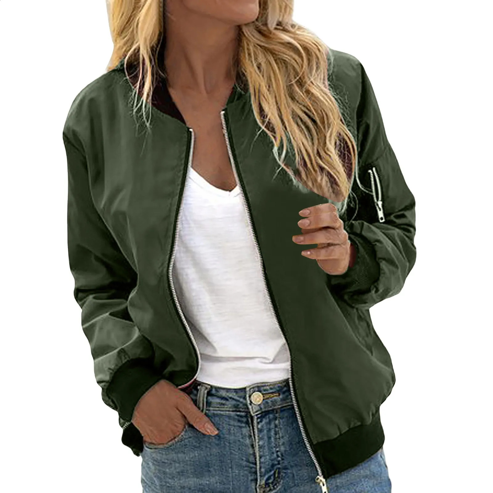 Female Army Green Bomber Jacket for Women Autumn Sport Jacket Womens Coat Stand Collar Zipper Slim Thin Jacket Jaquetas Outwear 240813