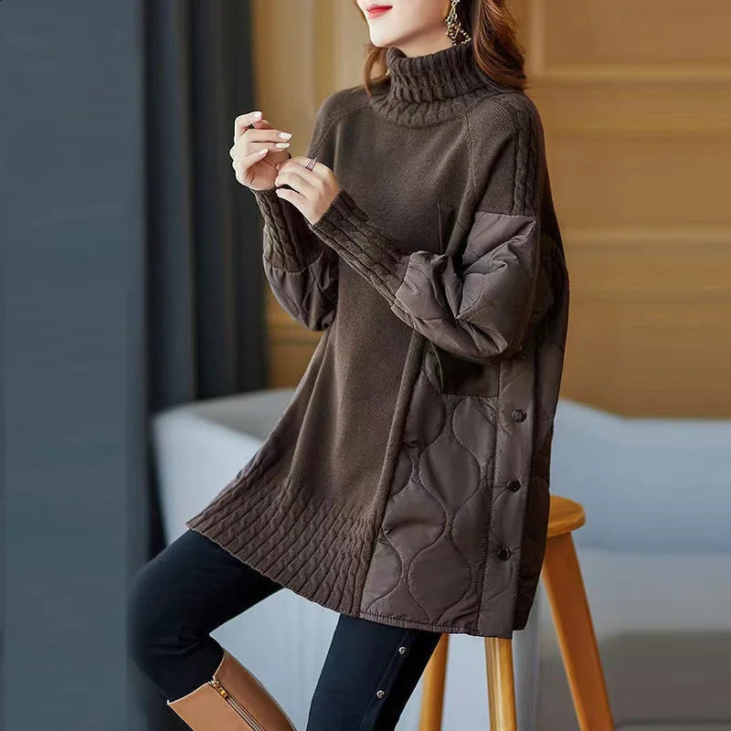 2024 Womens Parkas Autumn Winter Fashion Loose Mid Long Casual Splicing knitted Warm Female Jacket Outwear Overcoat Woman 240813