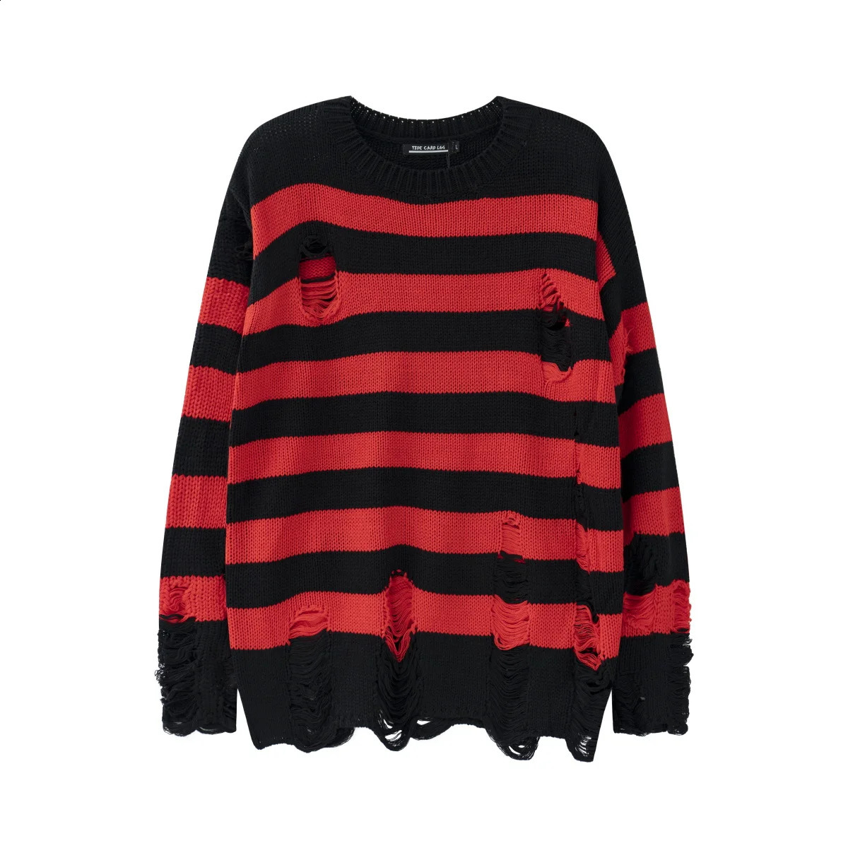 High Street Retro Punk Red and Black Stripes Autumn Sweater Men Loose Ripped Hole Tassel Pullover Round Neck Casual Clothes 240821