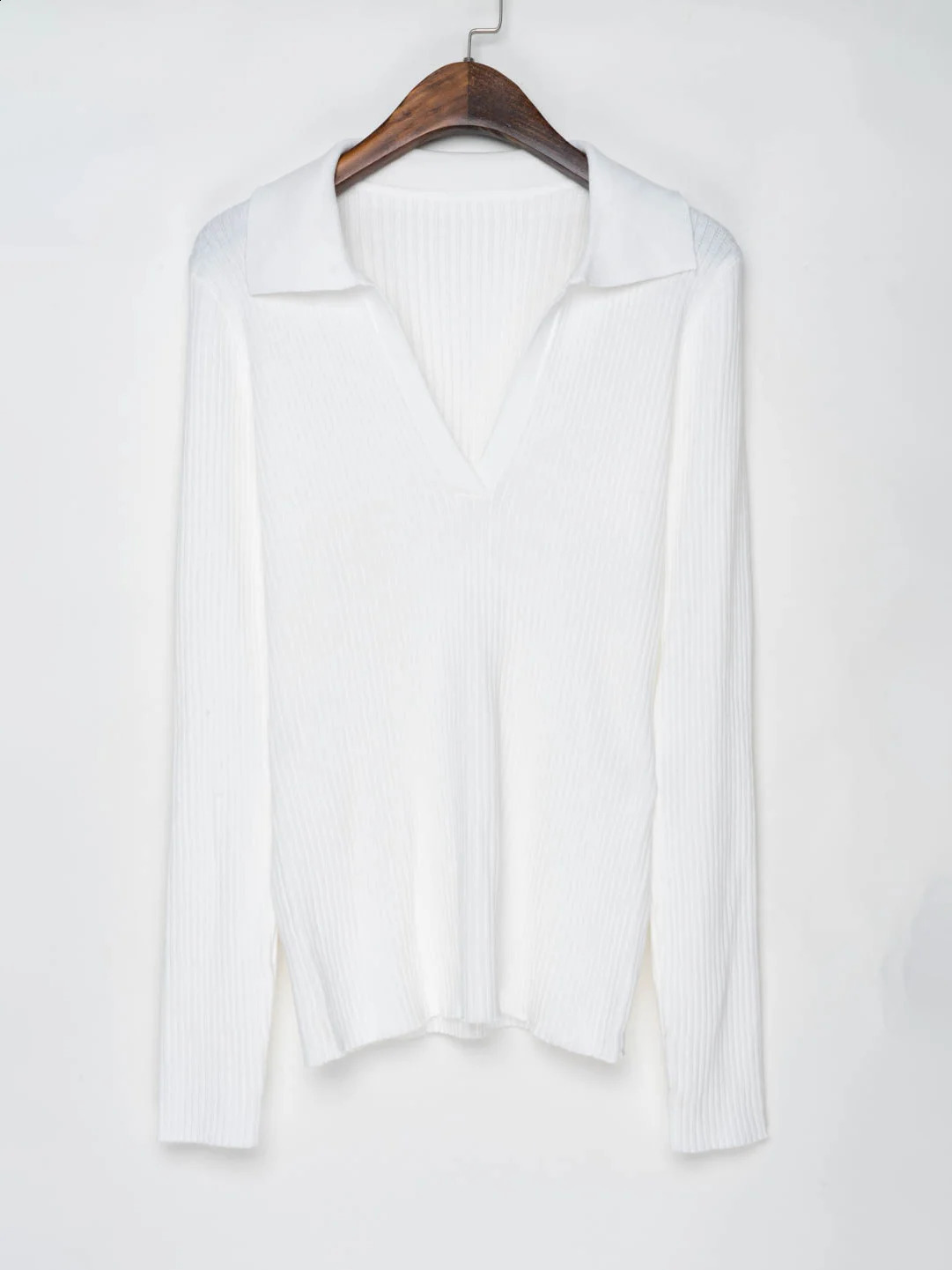Cotton knitted polo shirt for women V-neck sweater with collar long sleeved ribbed top 240827