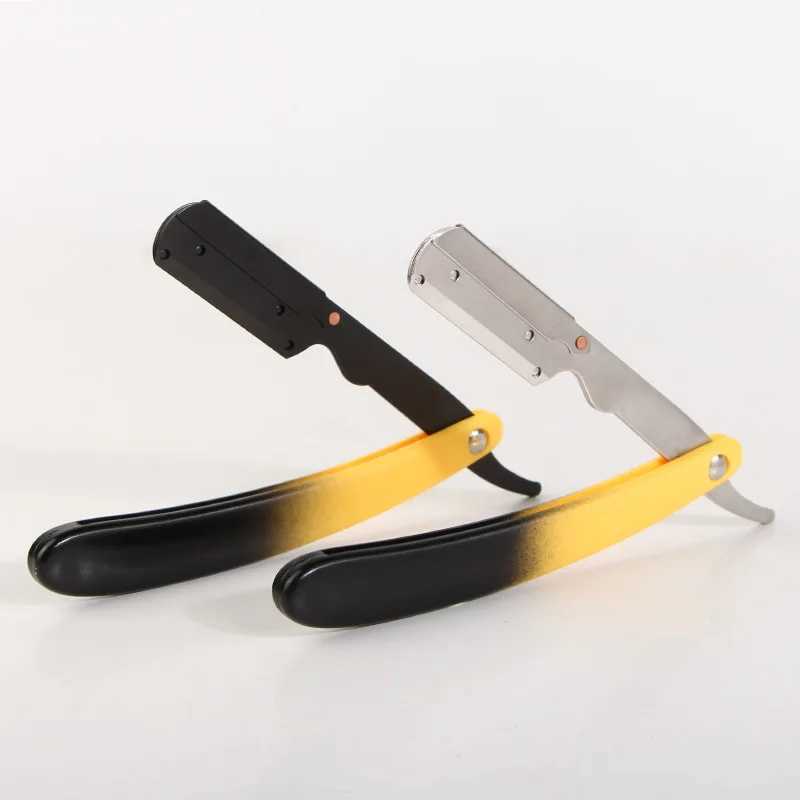 Stainless Steel Straight Edge Razor Yellow ABS Handle Barber Shop Beard And Hair Trimmer Portable Manual Folding Shaving HolderM240814