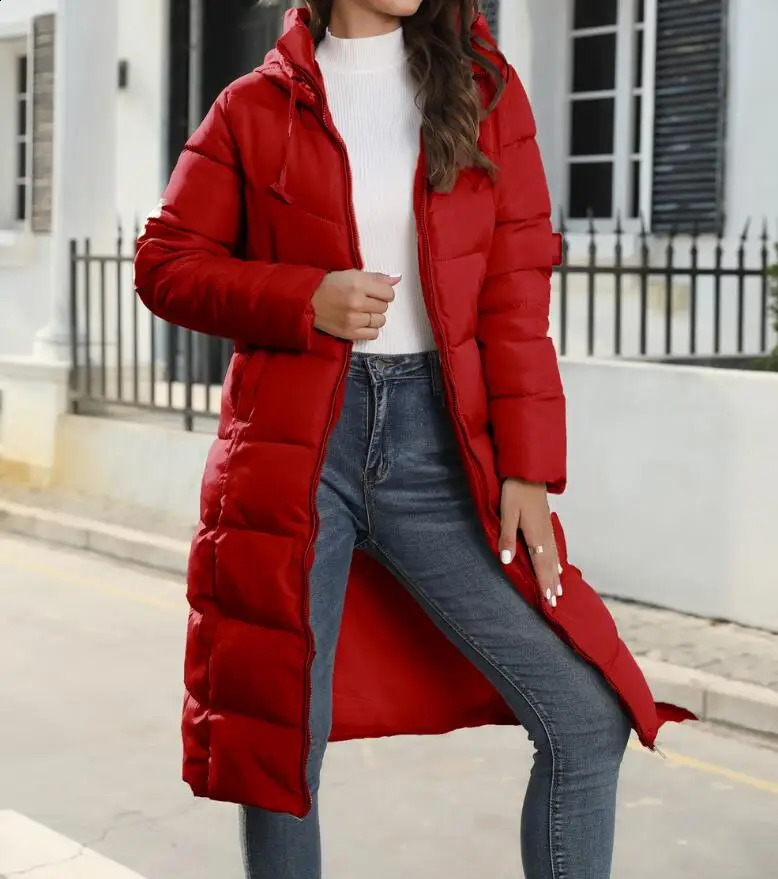 Winter Hooded Mid Length Slim Fit Warm Long Sleeve Solid Color Down Jacket For Women3 Colors 240813