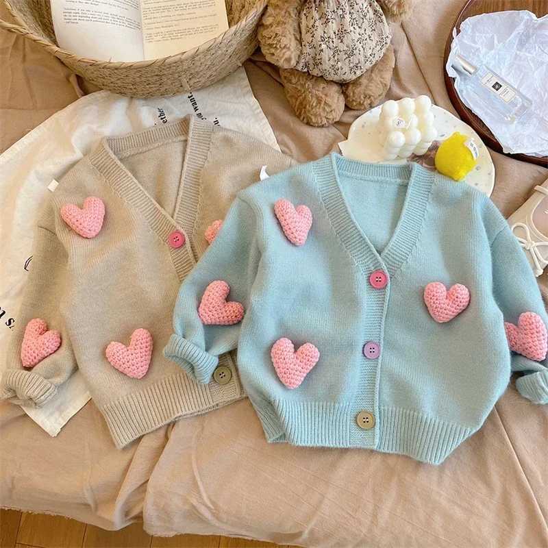 Korean childrens clothing sweater autumn winter coat 3D love knitted cardigan girl jacket baby girl clothing 2-8Y W240813