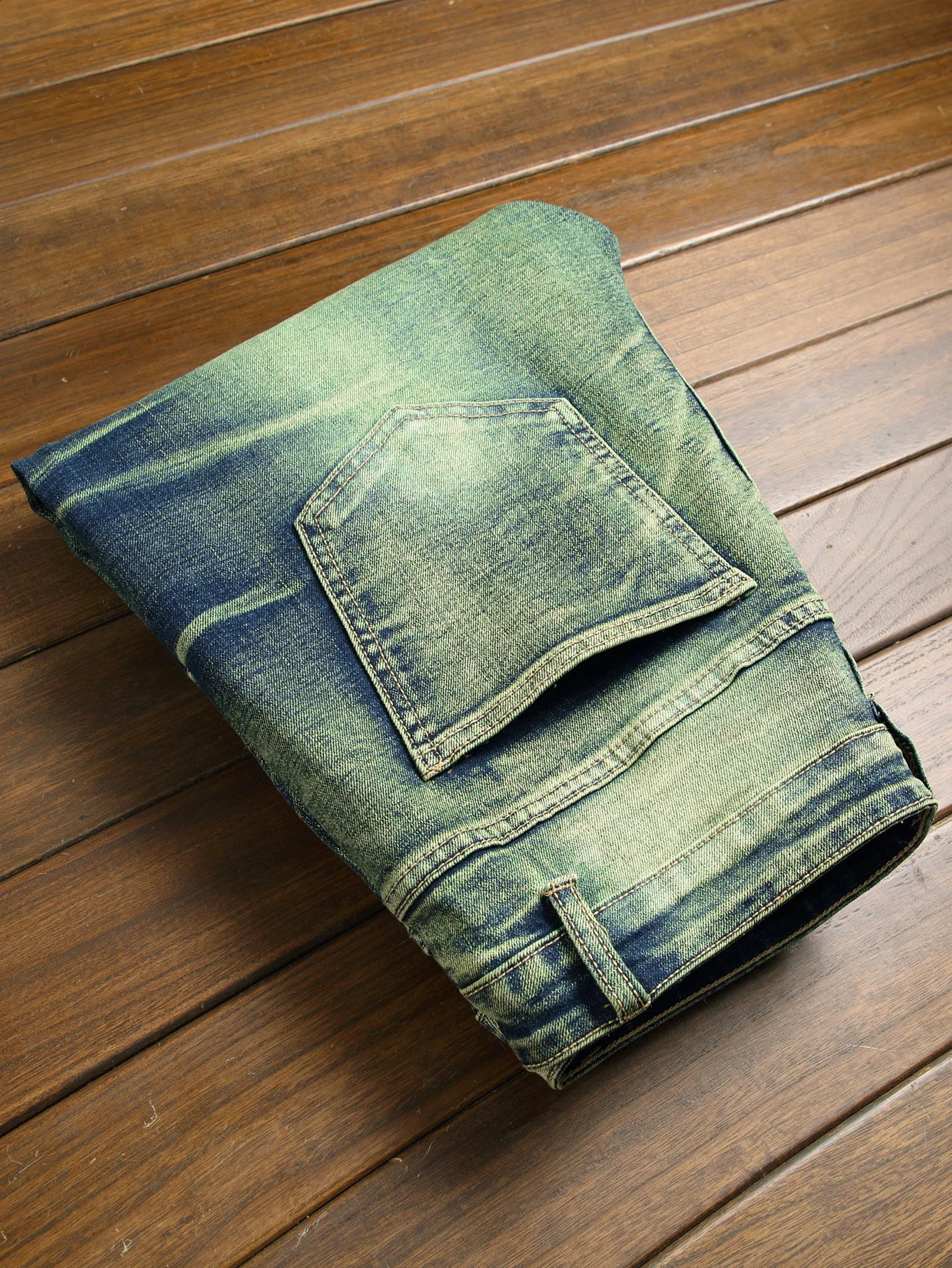 High Street Ripped Jeans for Men Four Seasons Causal Denim Pants Personalized Ocean Green Straight Jeans Fashion Youth Trousers 240821