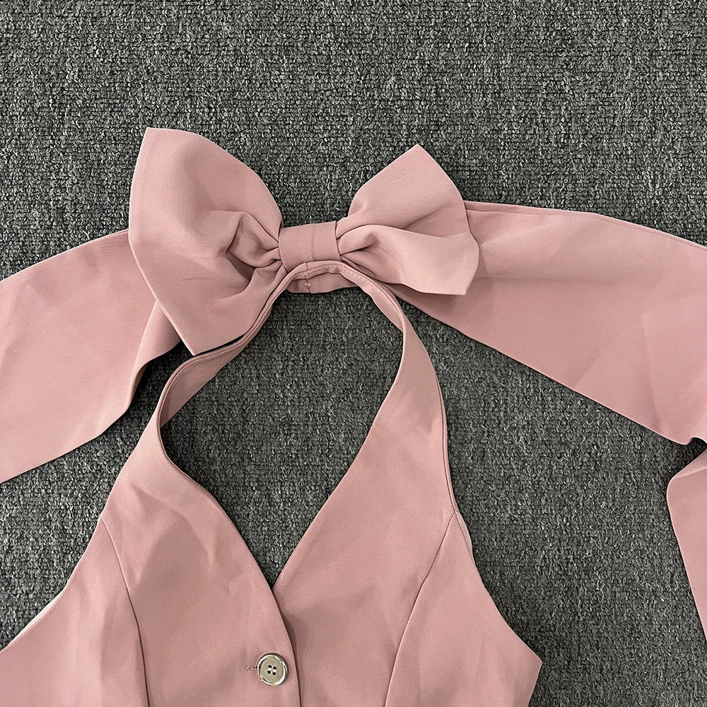 Fashion Pink Ski Set Summer Style No Back Bow Hanger Top Spicy Girl Slim Tank Wrinkle Two Piece Womens Wear 240809