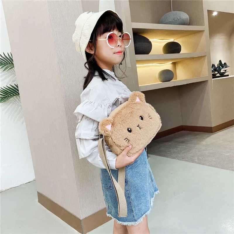 Cartoon Cat Baby Cross Bag Cute Soft Plush Childrens Shoulder Bag Winter Fashion Boys Childrens Fur Handbag Coin Wallet W240813