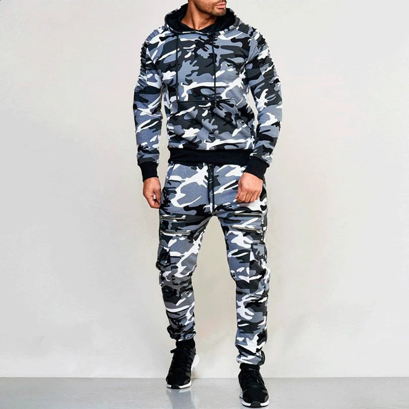 Autumn Winter Male Loose Casual Camouflage Printing Hoodies Elastic Waist Pants Set Men Zipperhooded Sweatshirt Sweatpants Suit 240813
