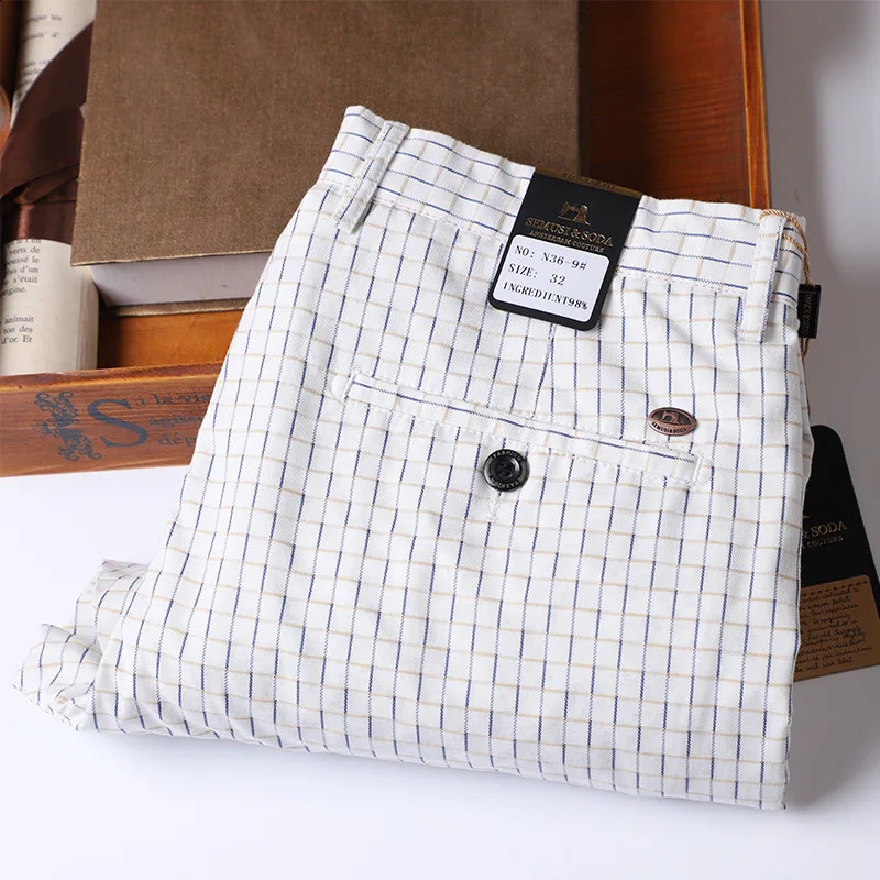 Thin Summer Plaid Pants Men Straight Skinny Korea Style Clothes Men Pants White Office Dress Trousers for Male 240824