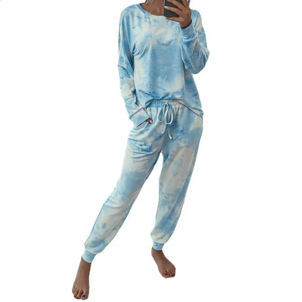 2 Pcs/Set Women Tracksuit Tie-dye Contrast Color Artistic Print Drawstring Elastic Waist Warm Pockets Round Neck Sweatshirt Trou 240809