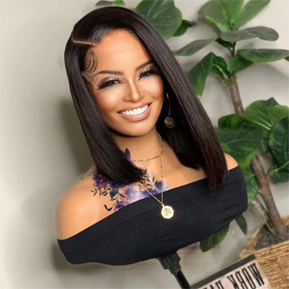 Short Side Part Bone Straight Human Hair Wigs Asymmetrical Bob Lace Wig For Women Brazilian Perruque Cheveux Humain