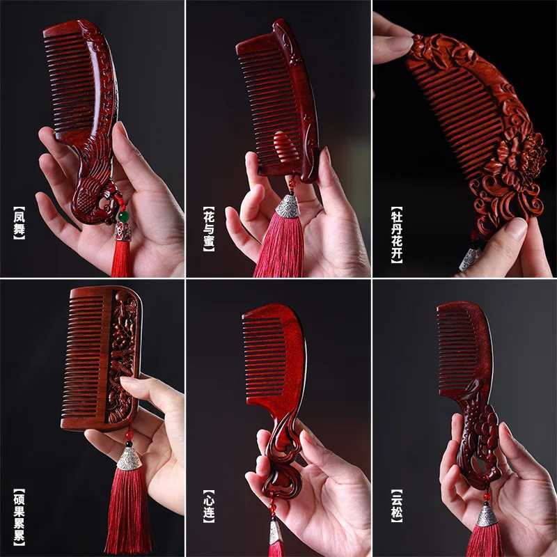 Natural wood comb purple sandalwood comb anti-static massage scalp comb Chinese style hollow carving sandalwood comb womens gift W240813