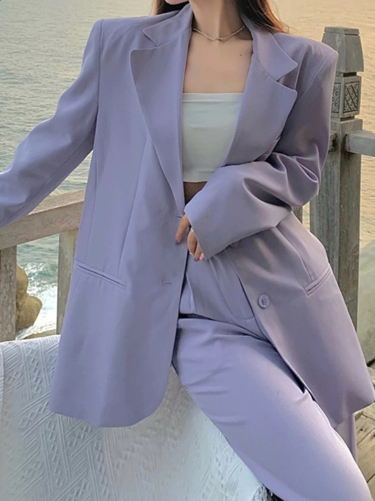 Autumn Women Purple Blazer Pantsuit Korean Fashion Vintage Loose Jacket Pants 2 Piece Set Female Business Casual Trousers Outfit 240813