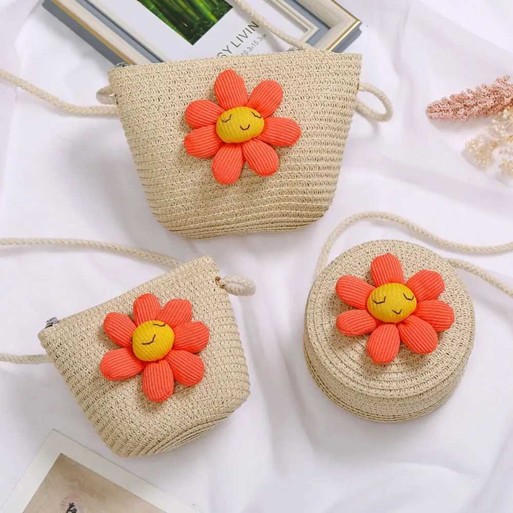 Flower Girl Straw Bag Summer Zipper Hand Woven Childrens Beach Bag Photo Props Coin Wallet Storage Basket W240906
