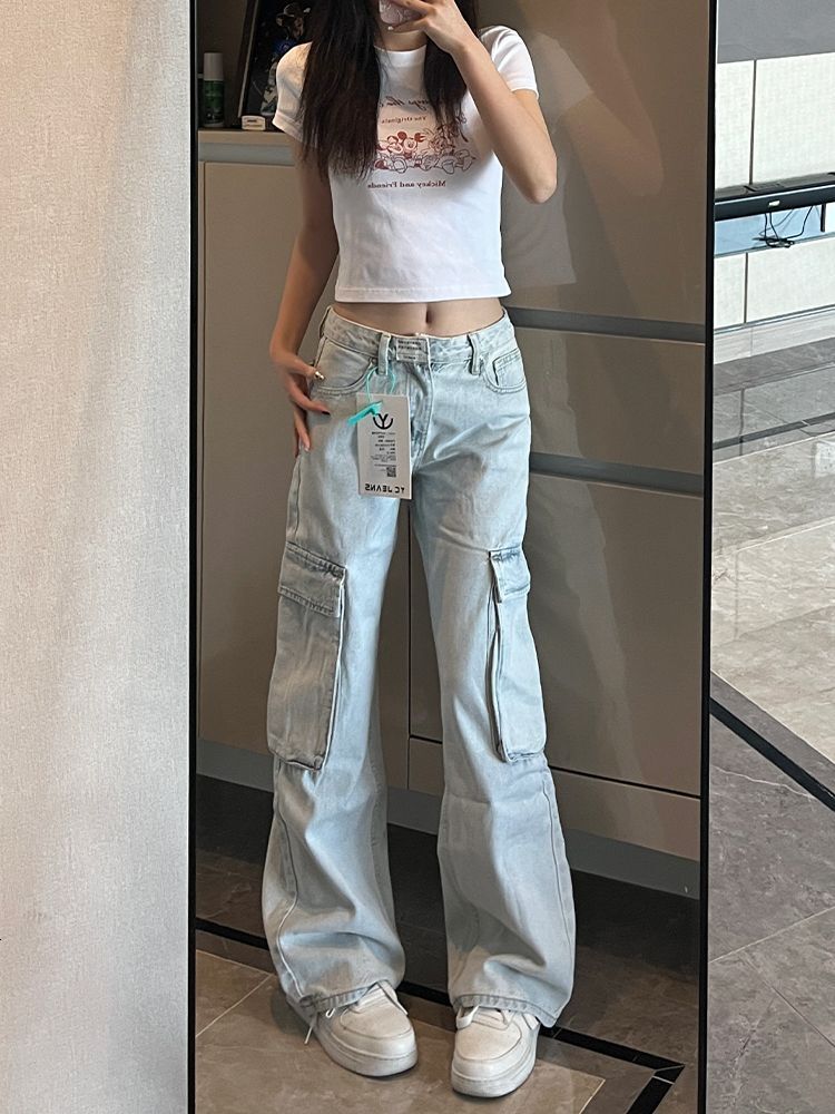 American retro large pocket workwear straight leg jeans for women's designers, summer light color loose wide leg pants, fashionable