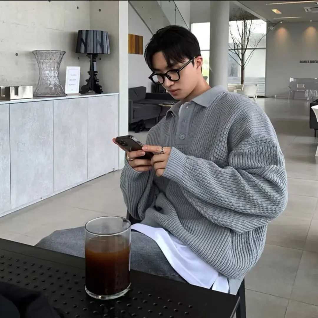 Korean Street Polo Neck Sweater Mens Warm Fashionable Casual Knitted Pullover Harajuku Casual Loose Zipper Long Sleeve SweaterW240729