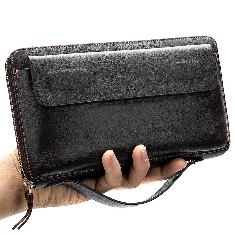 Genuine leather business clutch wallet mens long leather phone bag mens wallet mens large-sized coin wallet card clip 240812