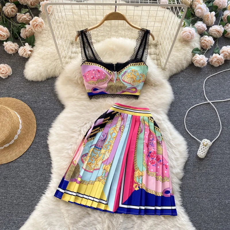 Summer Short Strapless Suspender Vest High Waist Pleated Skirt Two Piece Set Dress Sets 240810