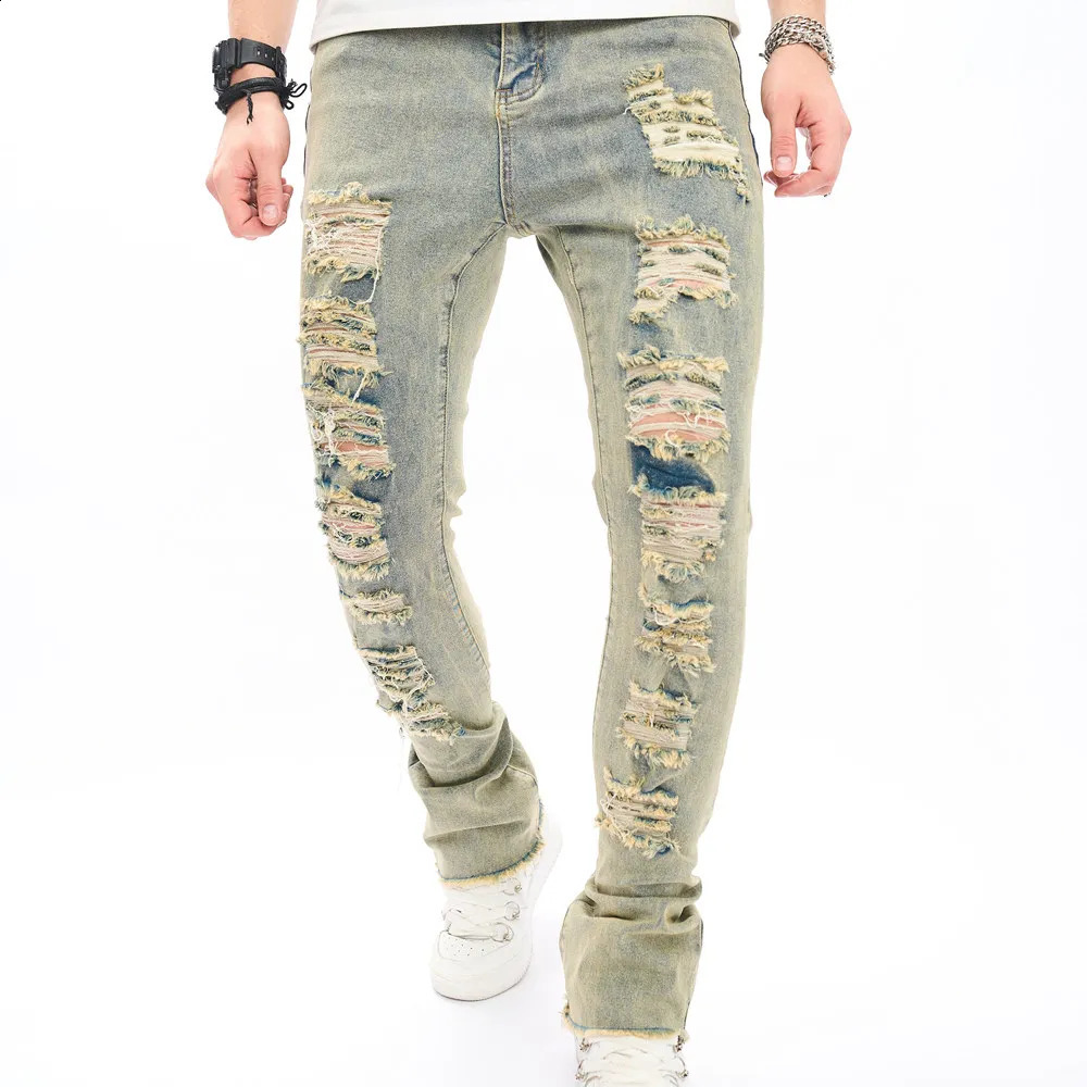 Fashion Vintage Holes Men Hip Hop Slim Jeans Pants Male Streetwear Ripped Solid Casual Jogging Denim Trousers 240814