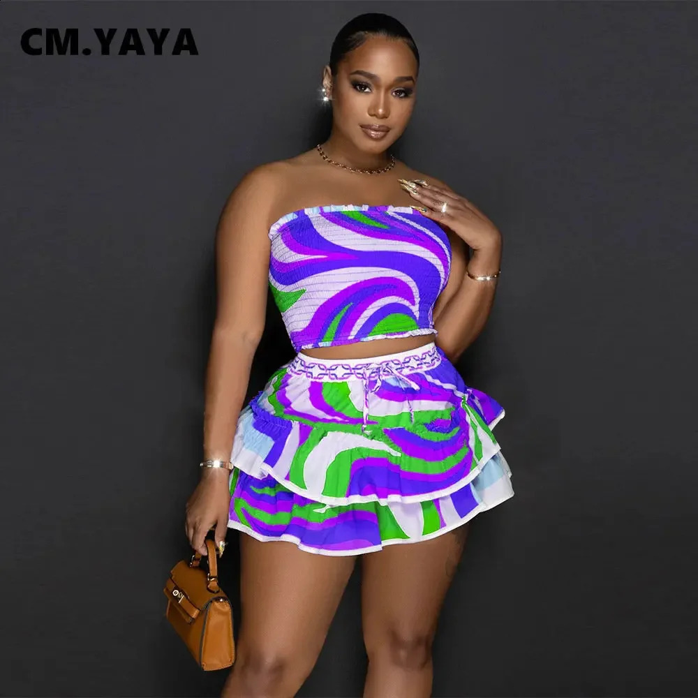 CM.YAYA Tie Dye Women Set Bowknot Back Strapless Crop Top and Cascading Ruffles Mini Skirt Chic Two 2 Piece Set Outfits 240810