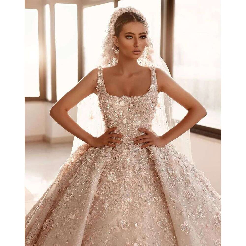 Princess Wedding Dresses Square Necke Beads Lace Appliqued Bridal Gowns Custom Made Sweep Train Ball Gown Robe De Mariee