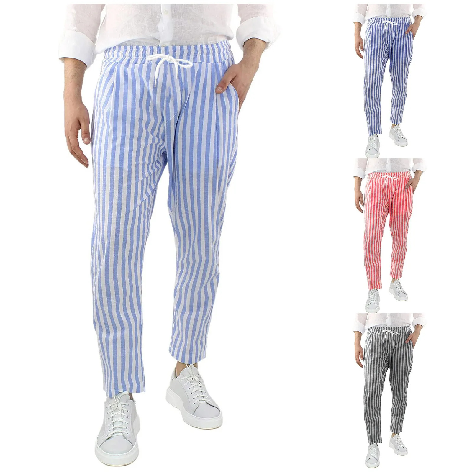 Mens Loose Casual Pants Breathable Waist Striped Cotton And Linen Trousers Comfy Daily Simple Pants Ropa Hombre 240813