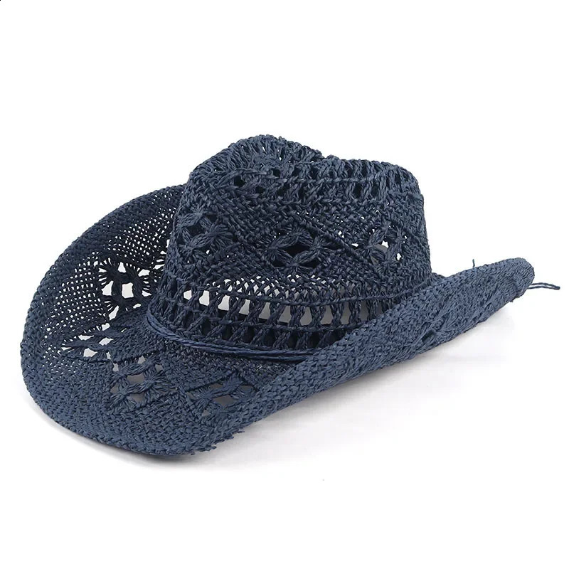 Summer outdoor mens and womens hand woven Western cowboy straw hat wide brown breathable beach jazz hat sun protection hat 240808