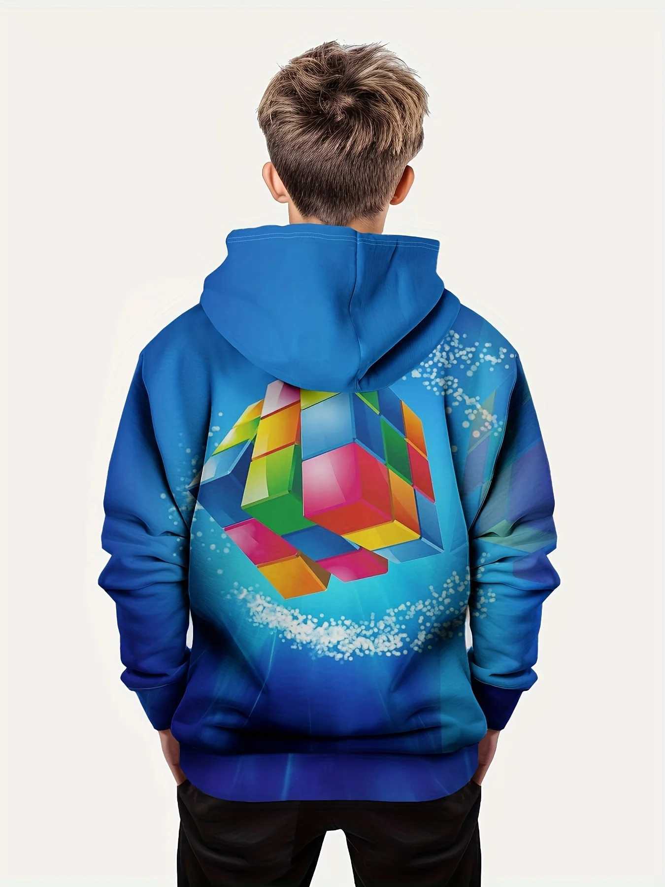 Colorful Jigsaw Cube Rubiks Cube 3d Print Boys Casual Pullover Long Sleeve Hoodies Boys Sweatshirt Spring Fall Kids Hoodie TopsY240814