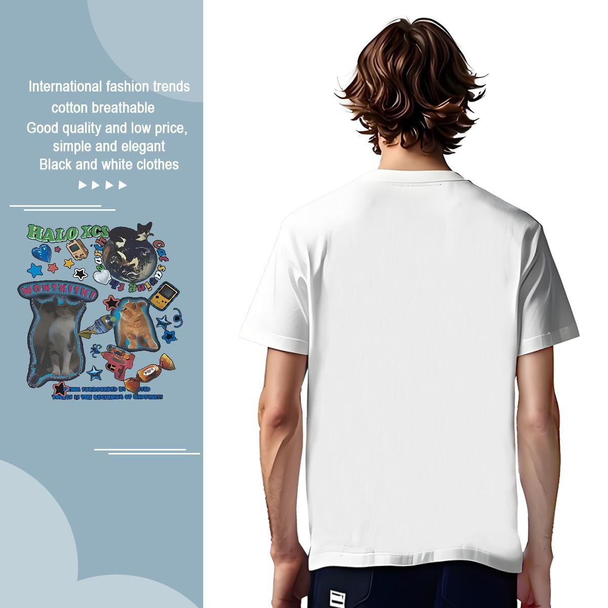 Unisex T-Shirts cat O Neck Short Sleeves Anime Printing Street Plus Size Cartoon 100% Cotton 230g Mens Tshirts 2024 New Clothes