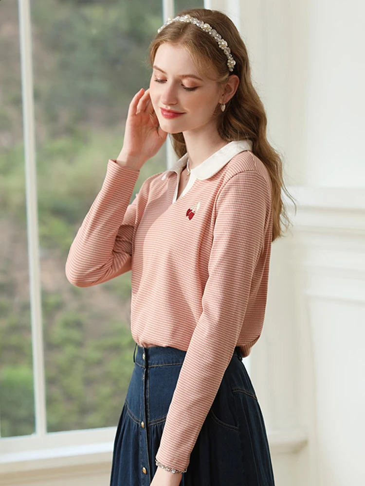 I believe you womens long sleeved T-shirt striped polo neck embroidered spring midsole elegant shirt 2241015463 240827