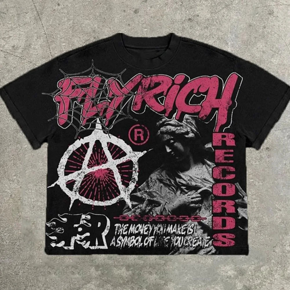 Y2K retro FlyRich world graphic print 100% pure cotton Tshirt mens short sleeved oversized womens top 240813
