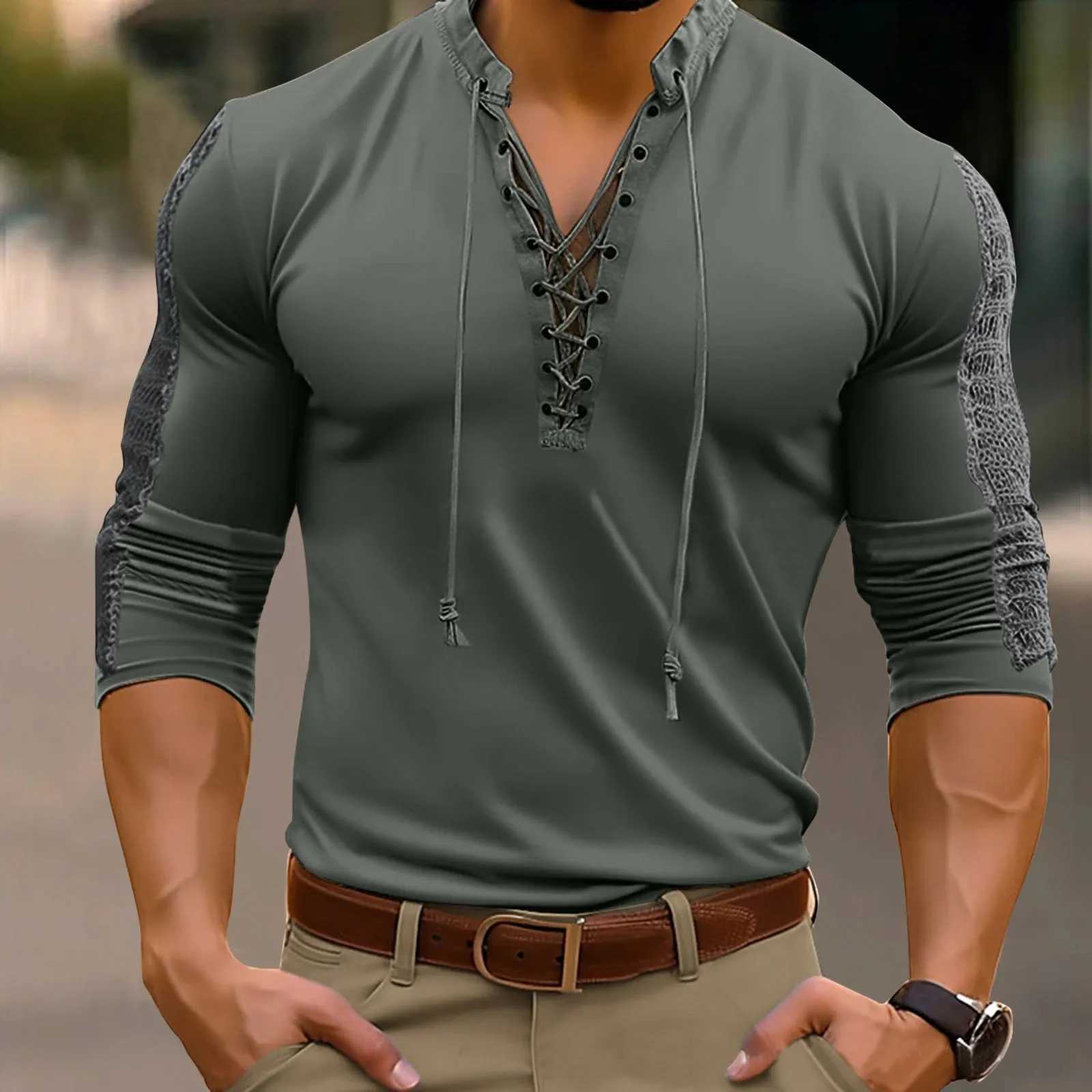 MenS Simple Ventilate Tie V Neck T Shirt Leisure Patchwork Pullover Long Sleeved Half Sleeve Fashion Stand Collar T ShirtM240814