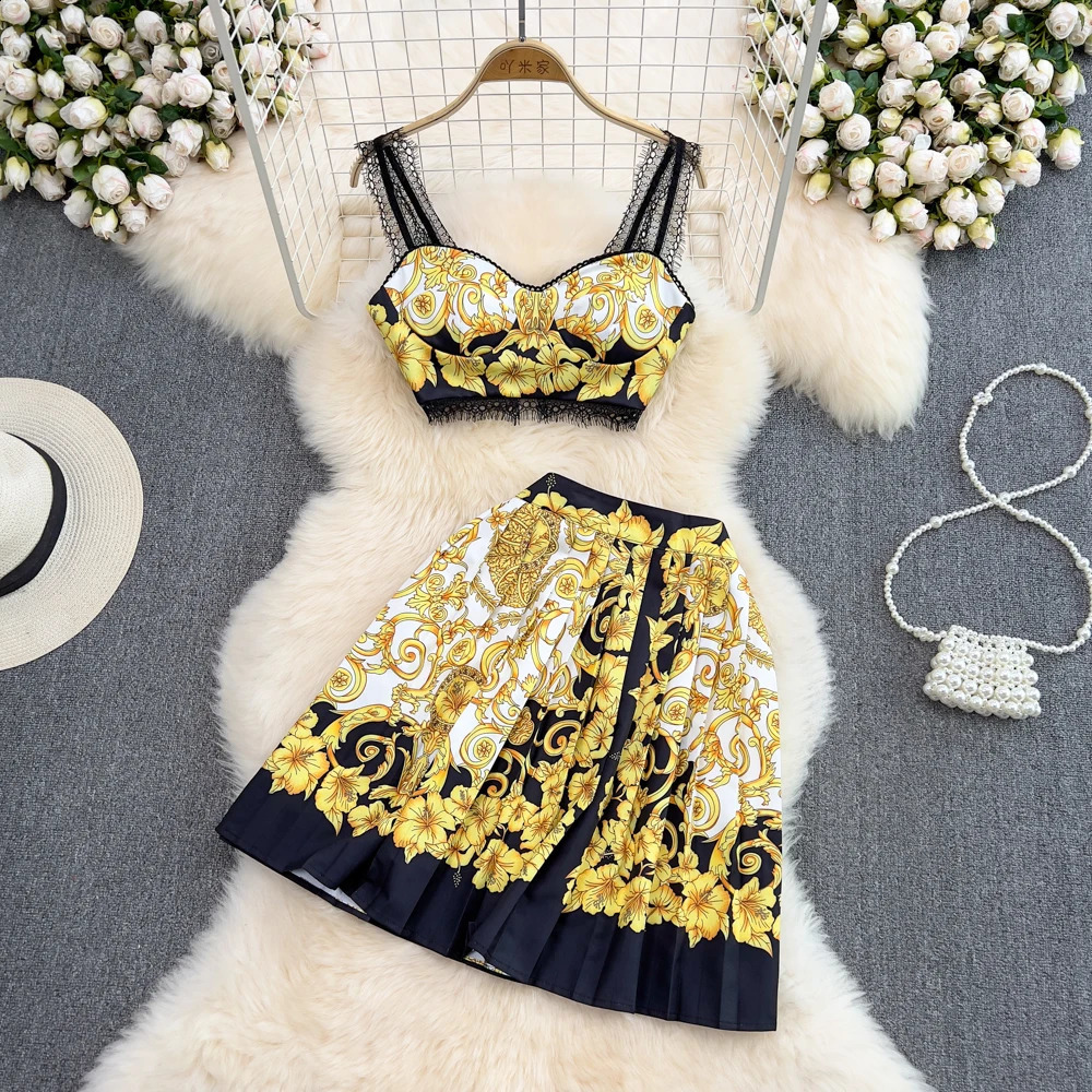 Summer Short Strapless Suspender Vest High Waist Pleated Skirt Two Piece Set Dress Sets 240810