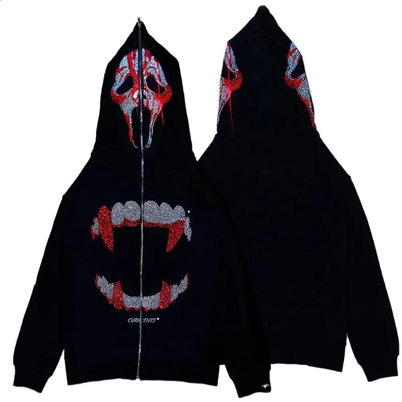 Men Y2K Fashion Hoodie Skull Rhinestone Zip Up Hoodie Grunge Women Oversized Sweatshirt Coat Punk Harajuku Long Sleeve Outerwear 240809