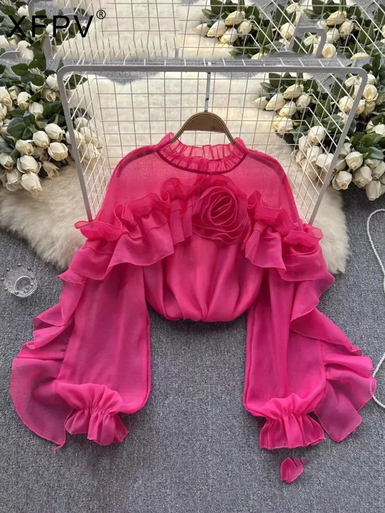 XFPV Womens Ruffle Irregular Mesh Fold Loose Korean Edition Shirt Stand up Collar Long Sleeve Spring/Summer 2024 SM10731 240814