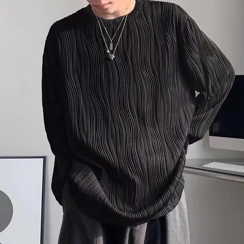 Water Wave Texture Fall Spring Men Top Round Neck Long Sleeve Oversized Solid Color Loose Pullover Mid Length Men Soft T-shirt 240814