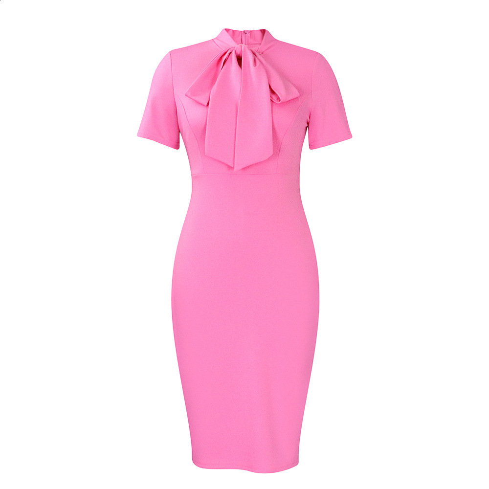 Elegant Office Dress for Women Professional Bow Collar Short Sleeve Solid Package Hips Mid Calf Business Work 240329