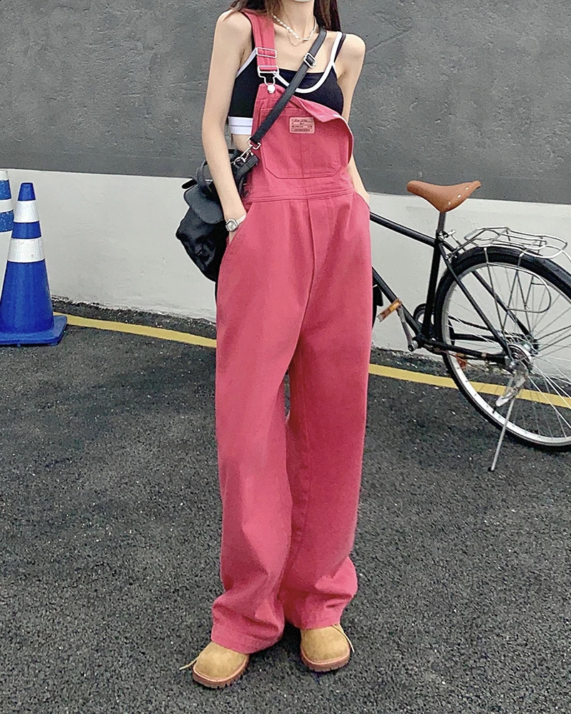 SM jeans womens Summer Preppy Style loose Pink wide leg trousers jumpsuit korean casual denim overalls womens 78891 240813