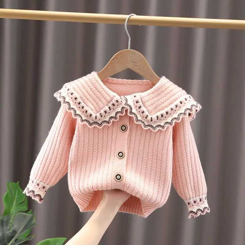 Girls knitted cardigan wool sweater 2023 autumn and winter new childrens clothing childrens sweater doll collar jacket W240813