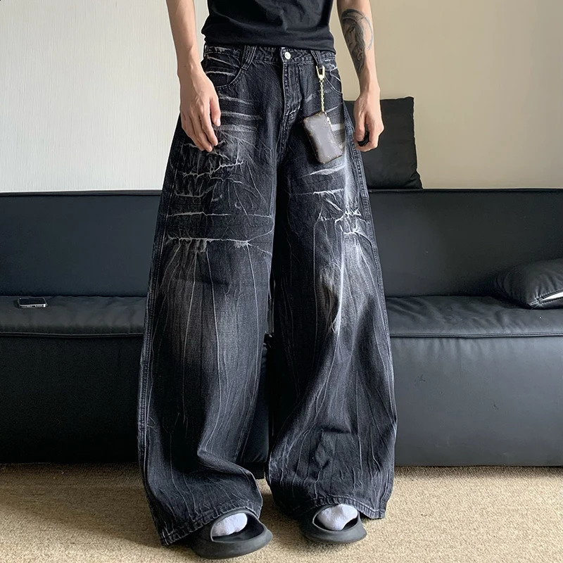 FEWQ American Cleanfit Washed Old Lightning Pattern Vibe Loose Wide Leg Pants Jeans Male Trousers Fashion 24E1568 240821