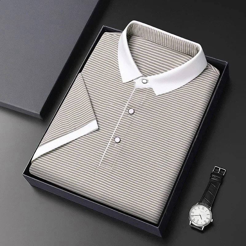 2024 Mens Striped Cotton Business Casual Short Sleeved POLO Shirt Fashion Short Sleeved Comfortable and Breathable Top o240814