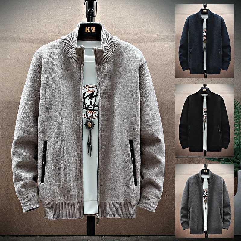 Mens sweater cardigan wool sweater new autumn/winter knitted solid color stand up collar zipper pocket warm parachute jacket cold coatW240729