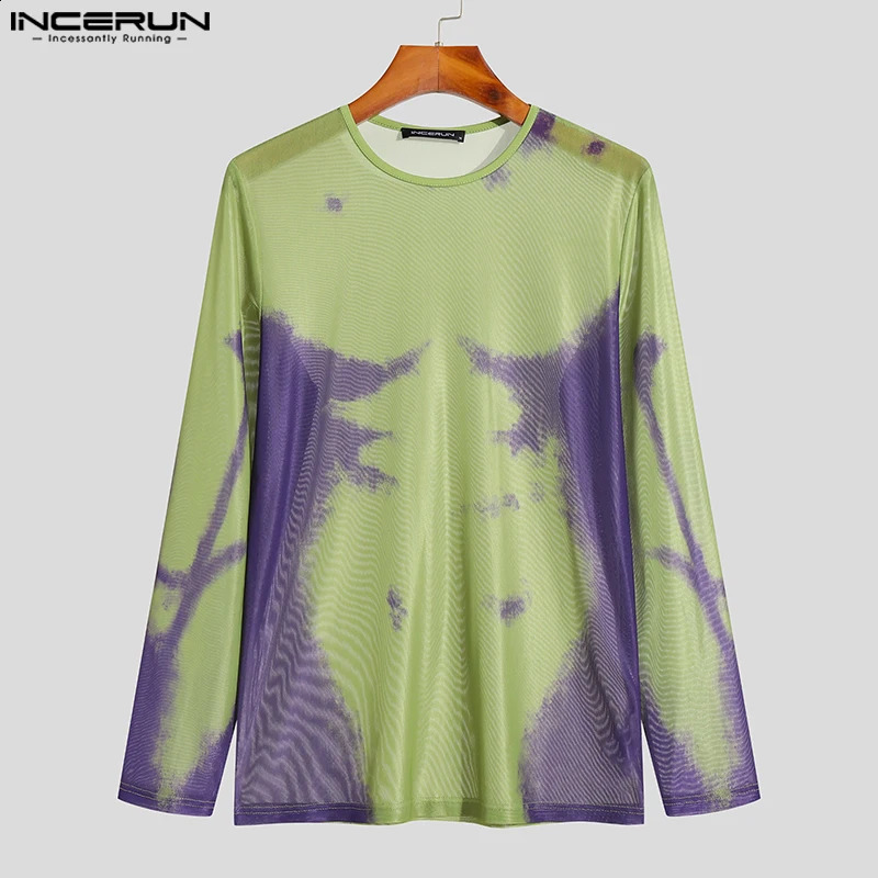 INCERUN Fashion Men T Shirt Printing O-neck Long Sleeve Mesh Transparent Streetwear Casual Camisetas Sexy Men Undershirt 240814