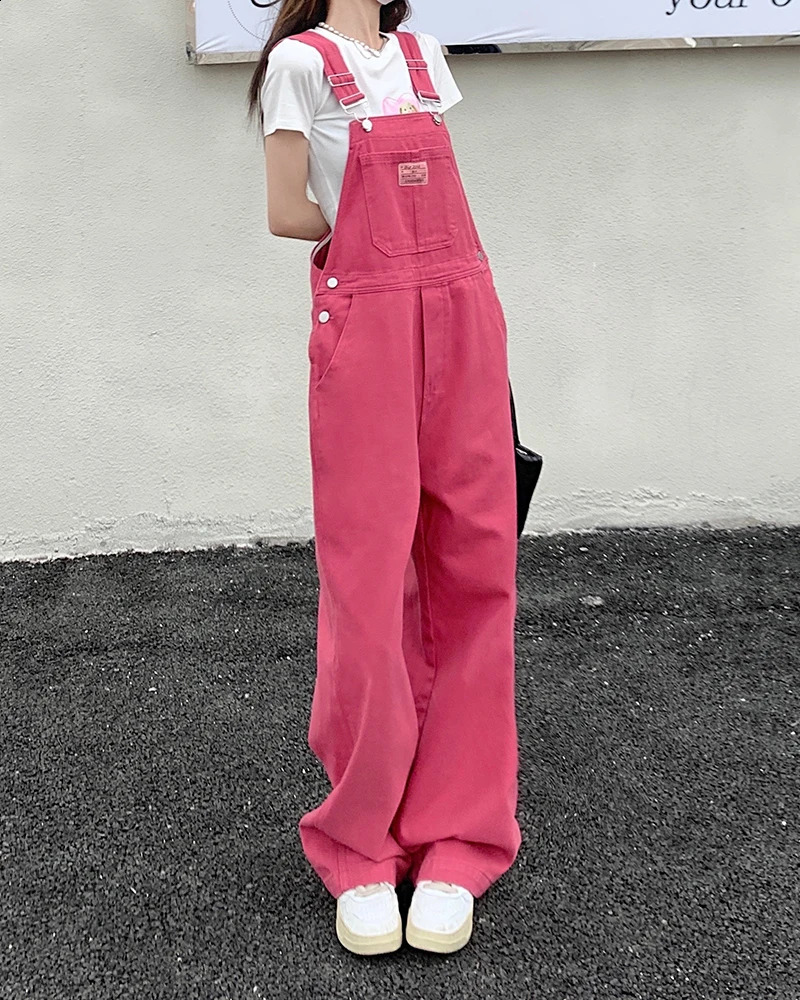 SM jeans womens Summer Preppy Style loose Pink wide leg trousers jumpsuit korean casual denim overalls womens 78891 240813