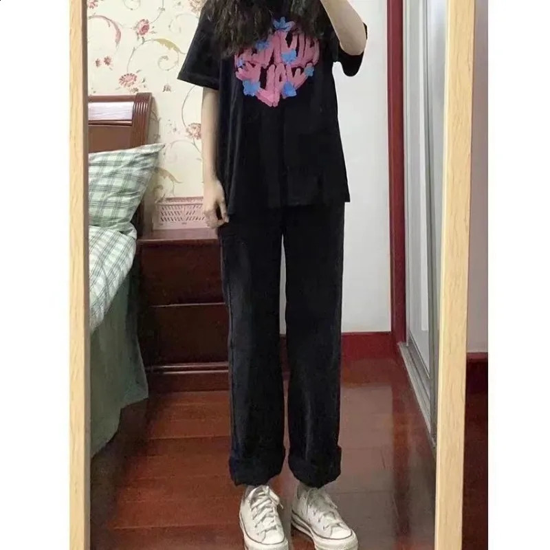 Heavy-wash Distressed Multi-pocket Straight-leg Jeans American Retro Street Wide Leg Jeans Harajuku Style Hip Hop Trousers 240821