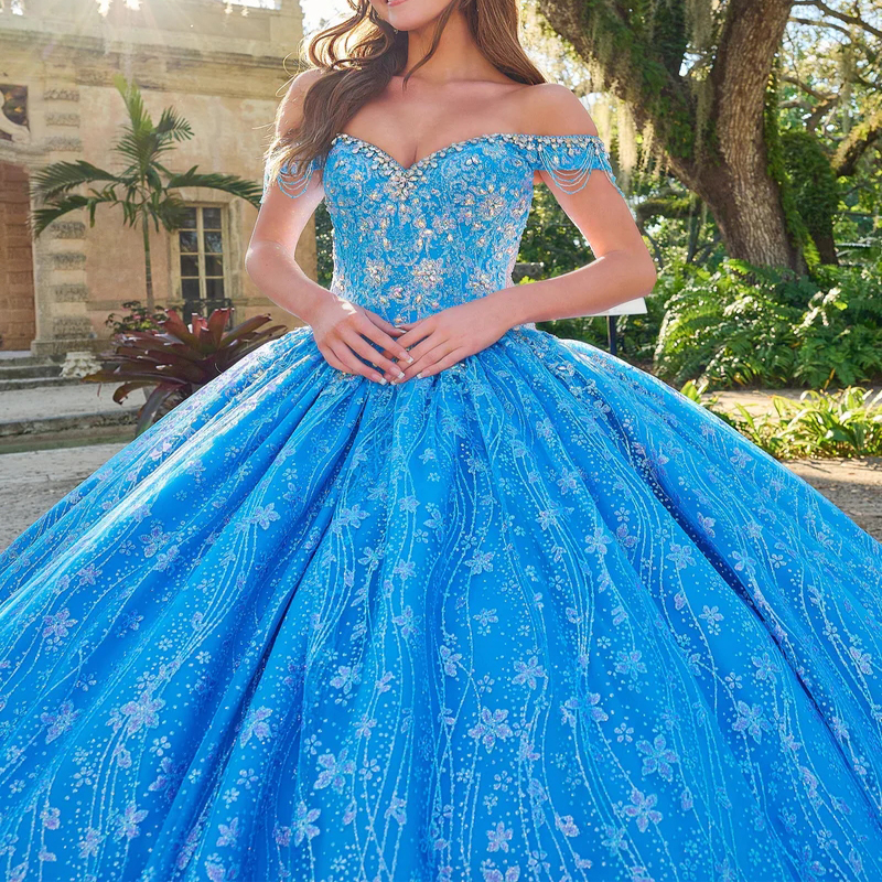 Sky Blue Shiny Ball Gown Quinceanera Dresses Off The Shouler Appliques Lace Flower Beaded Tull Party Gowns Vestidos 15 XV Anos