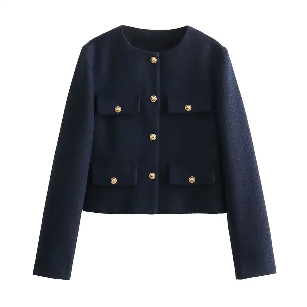 2024 autumn Product Womens Fashion and Casual Versatile Flip Pocket Decoration Short Round Neck Suit Coat 240813